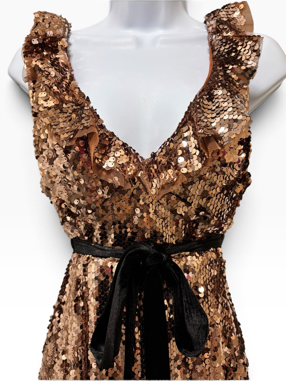 Free People Bronze Sequin Ruffle Mini Dress Velvet Belt Size 6 - Picture 4 of 9